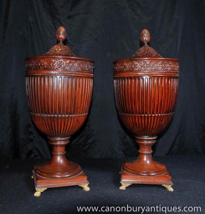 Pair George II Mahogany Knife Urns Carved Boxes 