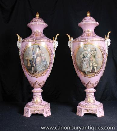 Pair German Dresden Porcelain Amphora Vases Urns Classic Panels 