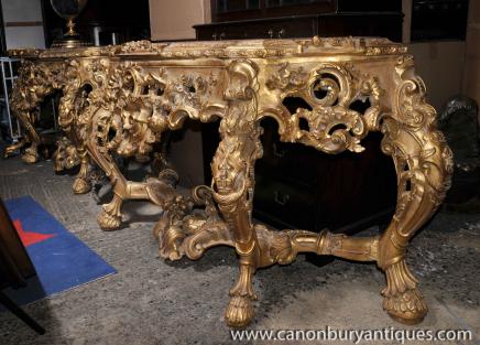 Pair Italian Rococo Console Tables Carved Gilt Wood 