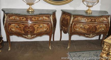Pair Louis XV Bombe Commodes Marquetry Inlay Chest Drawers 