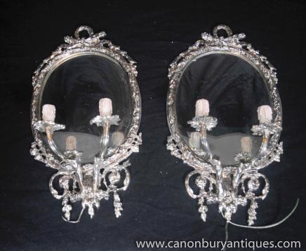 Pair Louis XV Silver Plate Mirror Candelabras Girandole