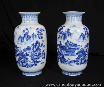 Pair Nanking Porcelain Blue White Vases Urns Delft Pottery