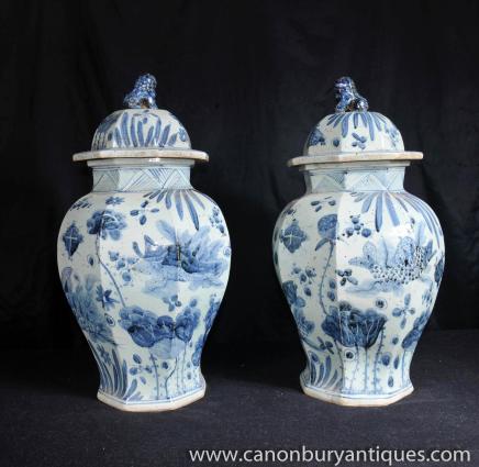 Pair Nanking Pottery Chinese Urns Ginger Jars Vases 