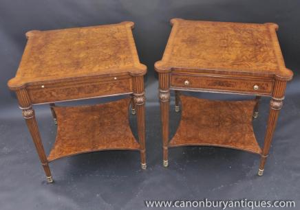 Pair Regency Burr Walnut End Tables Side Occasional Table 