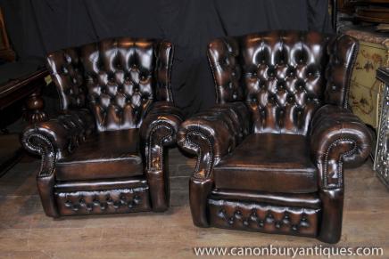 Pair Victorian Wingback Leather Sofas English Arm Chairs 