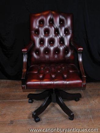 Regency Swivel Desk Chair Leather Arm Chair Deep Button 