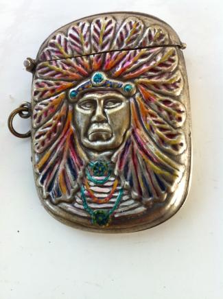 Silverplate & Hand Painted Enamel Red Indian Vesta Case 