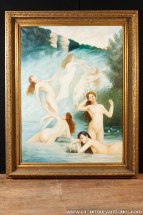 English Oil Painting Nude Nymph Maidens 