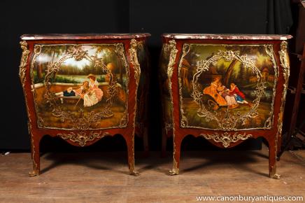 Pair French Antique Louis XIV Painted Bombe Commodes Chest Drawers 