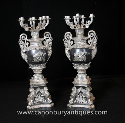 Pair French Empire Silverplate Candelabras Marble Urns Candle 