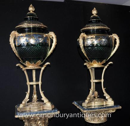 Pair French Louis XVI Glass Lidded Urns on Stands Vases Ormolu