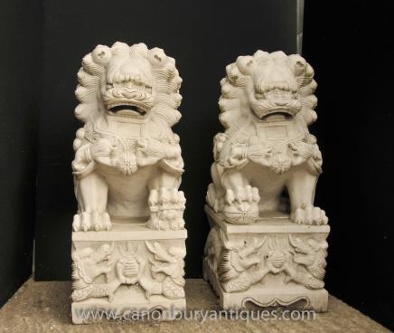 Pair Marble Keiloon Fu Temple Dogs Foo Chinese