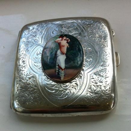 Antique Sterling Silver Cigarette Case with Enamel Nude