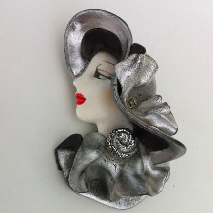 Art Deco Leather & Bakelite Flapper Lady Brooch
