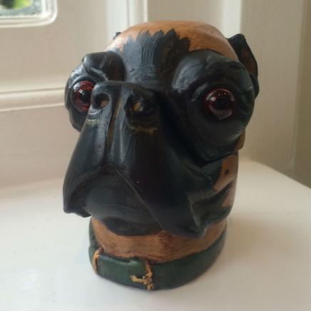Bronze Pug Dog Inkwell with Glass Eyes