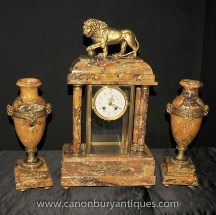French Empire Marble Clock Urn Garniture Set Mantle Clocks 