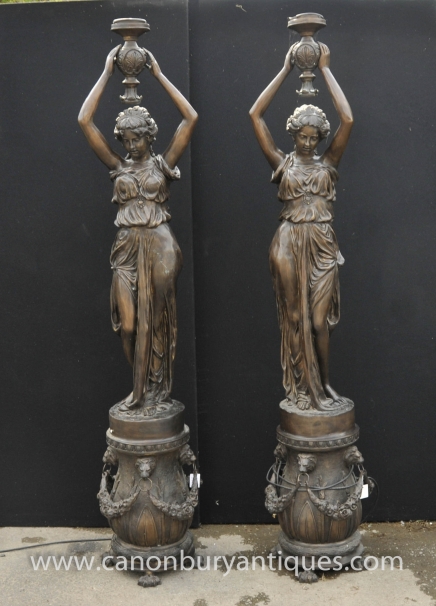 Pair 7ft Big French Bronze Female Lamps Torcheres Architectural