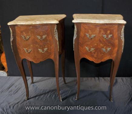 Pair Antique French Empire Bedside Chests Marquetry Inlay Nightstands 