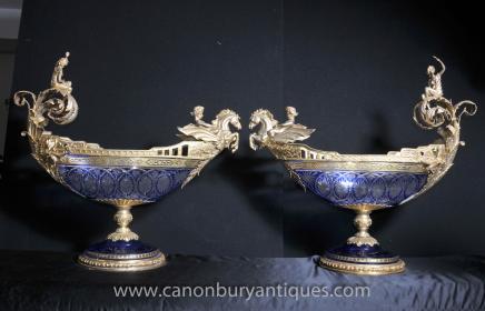 Pair Big Cut Glass Empire Tureens Vases Urns Ormolu Maidens 