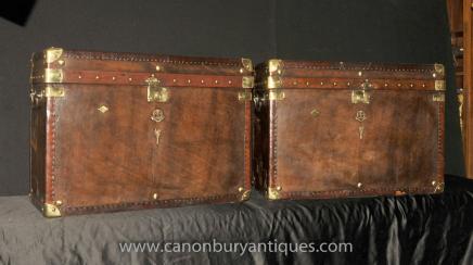Pair English Leather Luggage Trunks Campaign Box Side Tables 