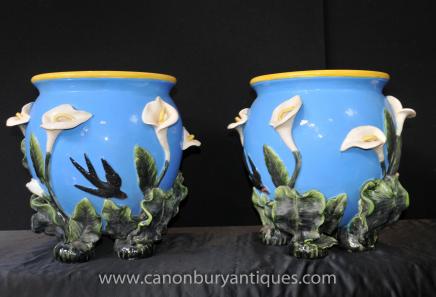 Pair English Majolica Minton Porcelain Planters Pots Bowls Maiolica Pottery 