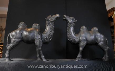 Pair French Bronze Camel Statues Arab Casting 