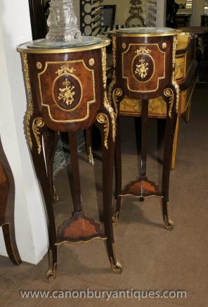 Pair French Louis XV Tall Pedestal Tables Side Column