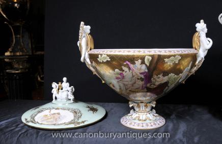 Pair German Dresden Tureens on Stands Lidded Urns Plates