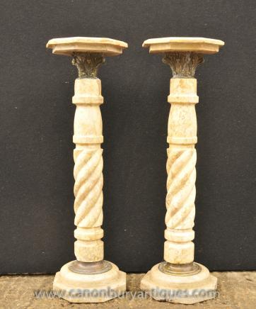 Pair Italian Marble Pedestal Stand Columns Tables Corinthian 