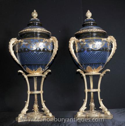 Pair Large Imperial Russian Cut Glass Urns on Stands Jardinier Vases