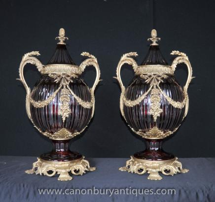 Pair Louis XV Cut Glass Lidded Vases Urns Bulbous Urn