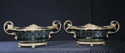 Pair Louis XV Cut Glass Ormolu Tureens Vases Bowl Dishes