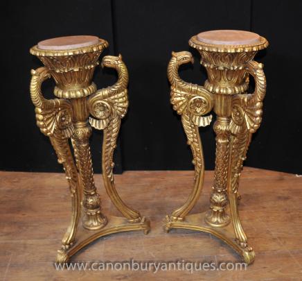 Pair Louis XV Gilt Pedestal Stands Table Swan Neck Arms 