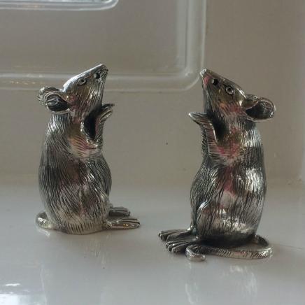 Pair Solid Silver Mice Salt and Pepper Shakers