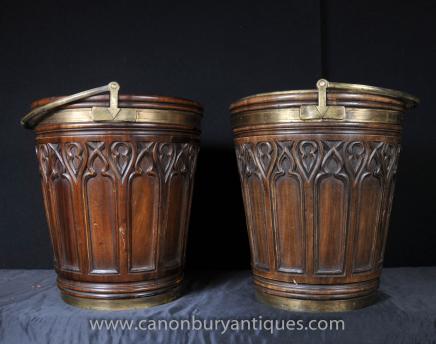 Pair Victorian Mahogany Peat Buckets Planters Pots Urns Brass 