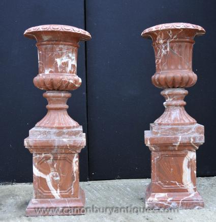 Pair Victorian Neo Classical Marble Urns Vases Pedestal