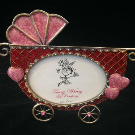 Pink Enamel & Diamonte Baby Pram Photo Frame