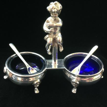 Silver Plate & Blue Glass Cherub Sauce Dish
