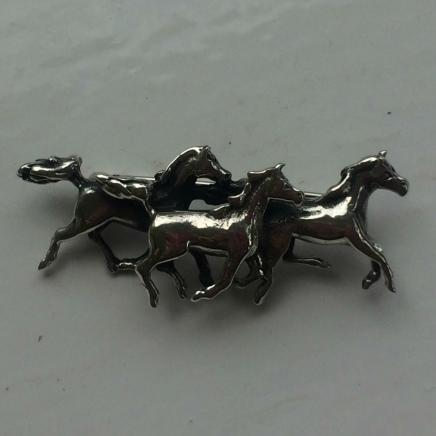 Solid Silver Galloping Herd Horses Brooch
