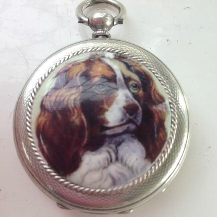 Solid Silver Swiss Pocket Watch with Spaniel Dog