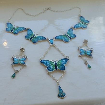 Sterling Silver & Enamel Butterlfy Necklace Earring Set