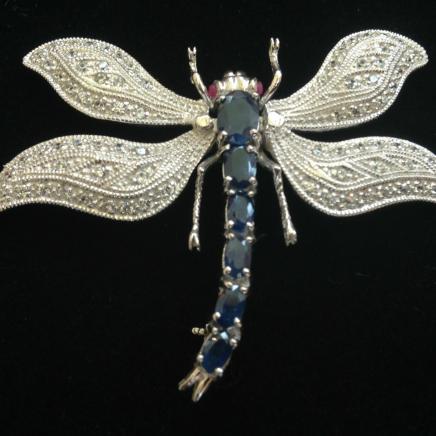 Sterling Silver Marcasite & Garnet Dragonfly Brooch