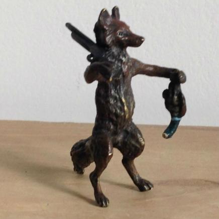 Vienna Bronze in Shape of Fox Hunting Pheasant Signed Bergman