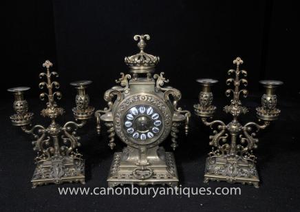 Antique French Empire Clock Set Garniture Candelabras Mantle Clocks 