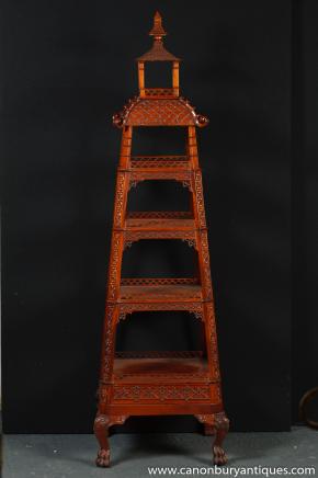 Chinese Chippendale Carved Mahogany Pagoda Shelf Unit Bookcase Stand