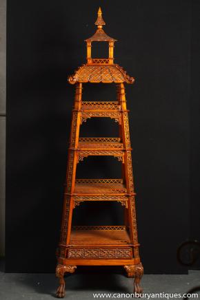 Chinese Chippendale Carved Oak Pagoda Shelf Unit Bookcase Stand