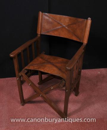 English Campaign Leather Arm Chair Folding Desk Chair Seat