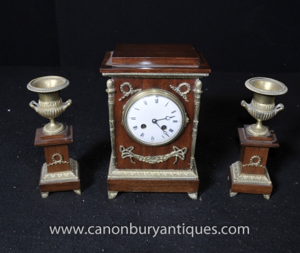 French Empire Mahogany Mantle Clock Garniture Set 