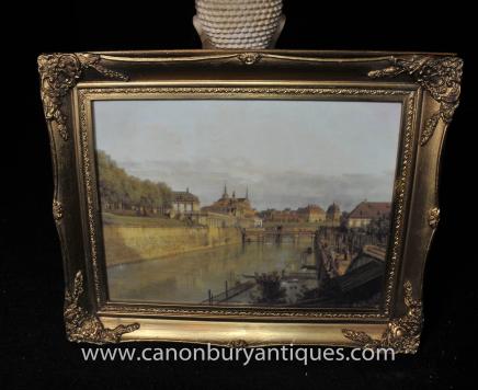 Italian Oil Painting Ventian River Landscape Scene Gilt Frame Venice 