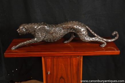 Large Art Deco Bronze Cheetah Cat Statue Sculpture